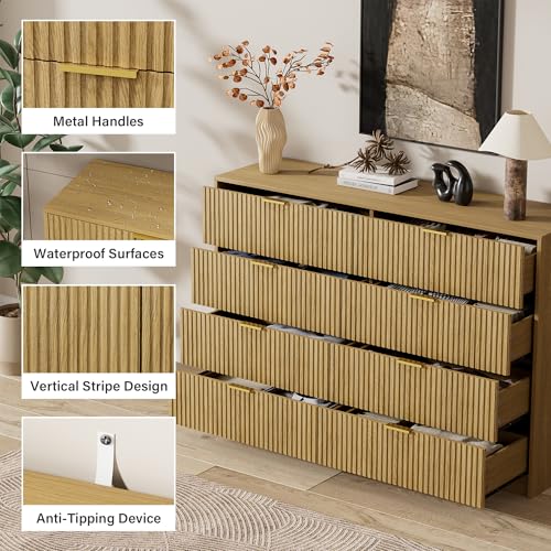 Image of Furniway 3 Piece Bedroom Set, 8 Drawer Dresser and 3-Drawer Nightstand Set of 2 with Gold Handles, Mid-Century Modern Wood Chest of Drawers Storage Cabinet for Bedroom, Natural Oak