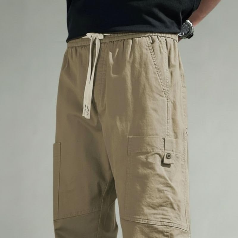 Image of Cargo for Men | Cotton Cargo Pant | Lower for man | Elastic Drawstring Waist Straight Fit Bottoms | Comfortable Breathable Summer Cargos for Casual, Office Wear
