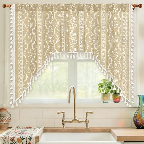 Image of Yinhua Boho Swag Valance Curtains Vintage Linen Valances for Windows Light Filtering Floral Kitchen Valance Rod Pocket Farmhouse Rustic Tassel Window Valances for Bathroom Cafe, 60 inch W x 36 inch L, Natural