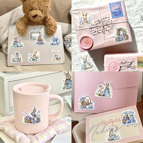 Image of 100 Pcs Easter Bunny Stickers - Watercolor Rabbit & Blue Gingham Pattern, 100 Piece Set for Easter Basket Stuffers, Party Favors, Crafts & Spring Decorations