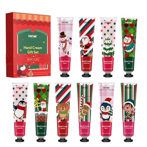 FURTIME Set de Crema de Manos 10PCS Crema Manos Reparadora, Tamaño de Viaje, Crema Hidratante, Crema Nutritiva, Set de Regalo para Mujeres, Hombres, Navidad, Cumpleaños, Crema Manos Agrietadas y Secas