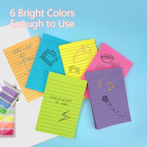 Sticky Notes Colorful Lined Post Memos 4" X 6", Removable Self Sticky Notes Pad For Office,Home,School 6-Pack #TOP2
