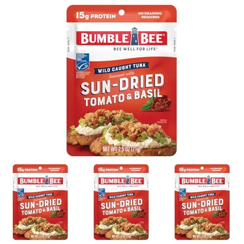 Bumble Bee Sun-Dried Tomato & Basil Seasoned Tuna, 2.5 oz Pouch - Ready to Eat - Wild Caught Tuna Packet - 15g Protein per Serving - Gluten Free (Pack of 4)