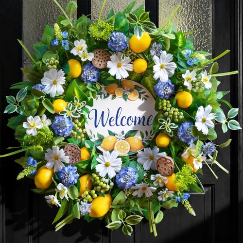 Spring Summer Wreaths for Front Door 24 Inch Summer Wreath with Artificial Lemon Daisy Hydrangea & Lotus Pods Door Wreath for Indoor Outdoor Farmhouse Home Decor