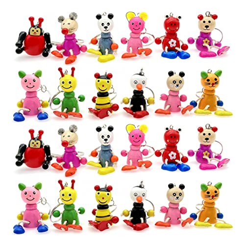 JZK 24 x Niedliche Kinder Holz-Tier Schlüsselanhänger-Set für Kindergeburtstag Gastgeschenke, Kinder Partytütenfüller, Werbegeschenke Geschenke für Jungen Mädchen Rucksack-Charms