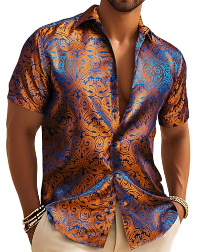 Barry.Wang Chemise en soie pour homme - Motif cachemire floral - Manches courtes - Pour soirée de...