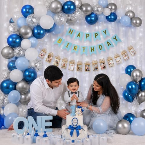 Image of Party Propz 1st Birthday Decoration Kit For Boys - 53 Pcs 12 Months Photo Banner for Birthday, Birthday Banner, Net Curtains, String Light, White, Silver And Blue And Silver Birthday Decoration Kit