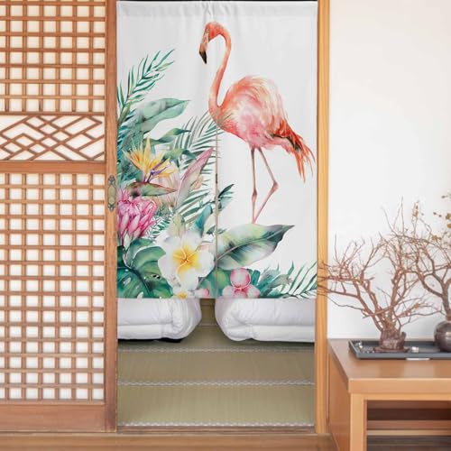 Sauoromeon のれん カーテン 幅110x丈180cm 厚手 遮光 暖簾 ドアカーテン 仕切り 目隠し 通気性 和風 おしゃれ フラット リング対応 ひも付き フラミンゴ カメの背の葉 勝手口 玄関 キッチン リビング 春夏秋冬