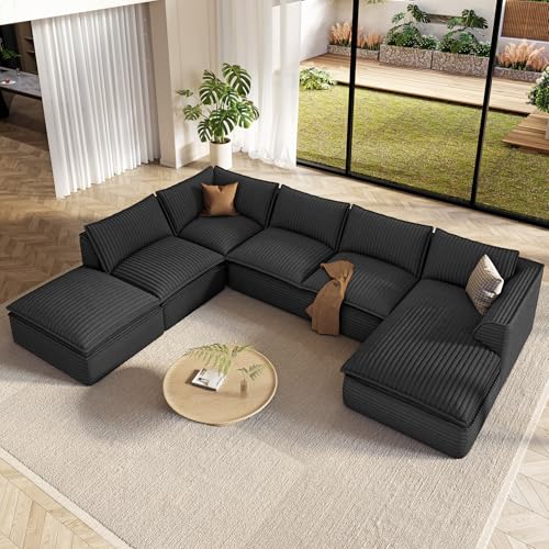 Image of Vesgantti 141.7 inch Oversized Sectional Boneless Couch, Modern 7 Seater Modular Sofa with Chaise & Ottoman, Deep Seat Plush Corduroy Cloud Couches for Living Room, No Assembly Required, Dark Gray