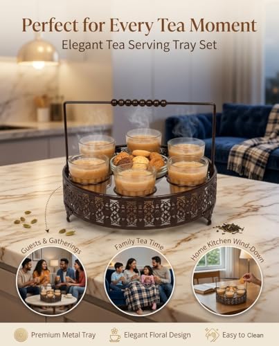 Image of Chai Metal Stand with Glass Tumblers and Sugar Bowl - Tea, Coffee & Lassi Serving Set, Glasses with Holder for Home, Kitchen, Cafe & Dining