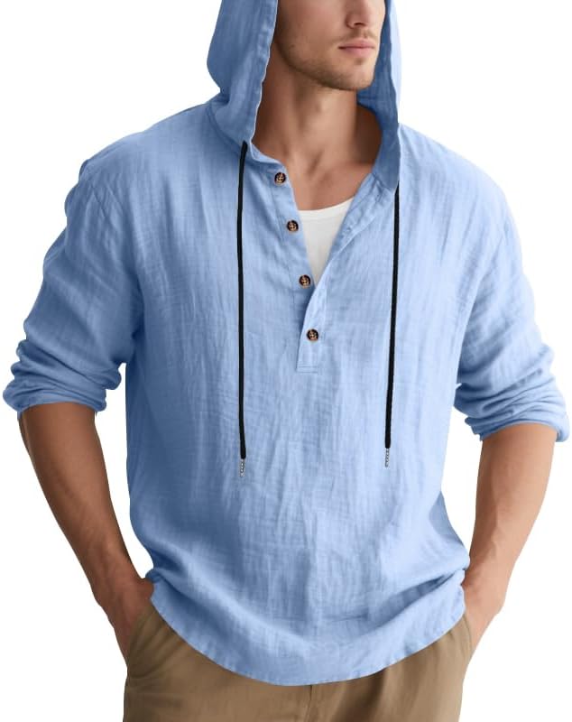 Mens Cotton Linen Hoodies Long Sleeve Button Down Shirts Casual Hawaiian Beach Yoga Sweatshirts - Image 3