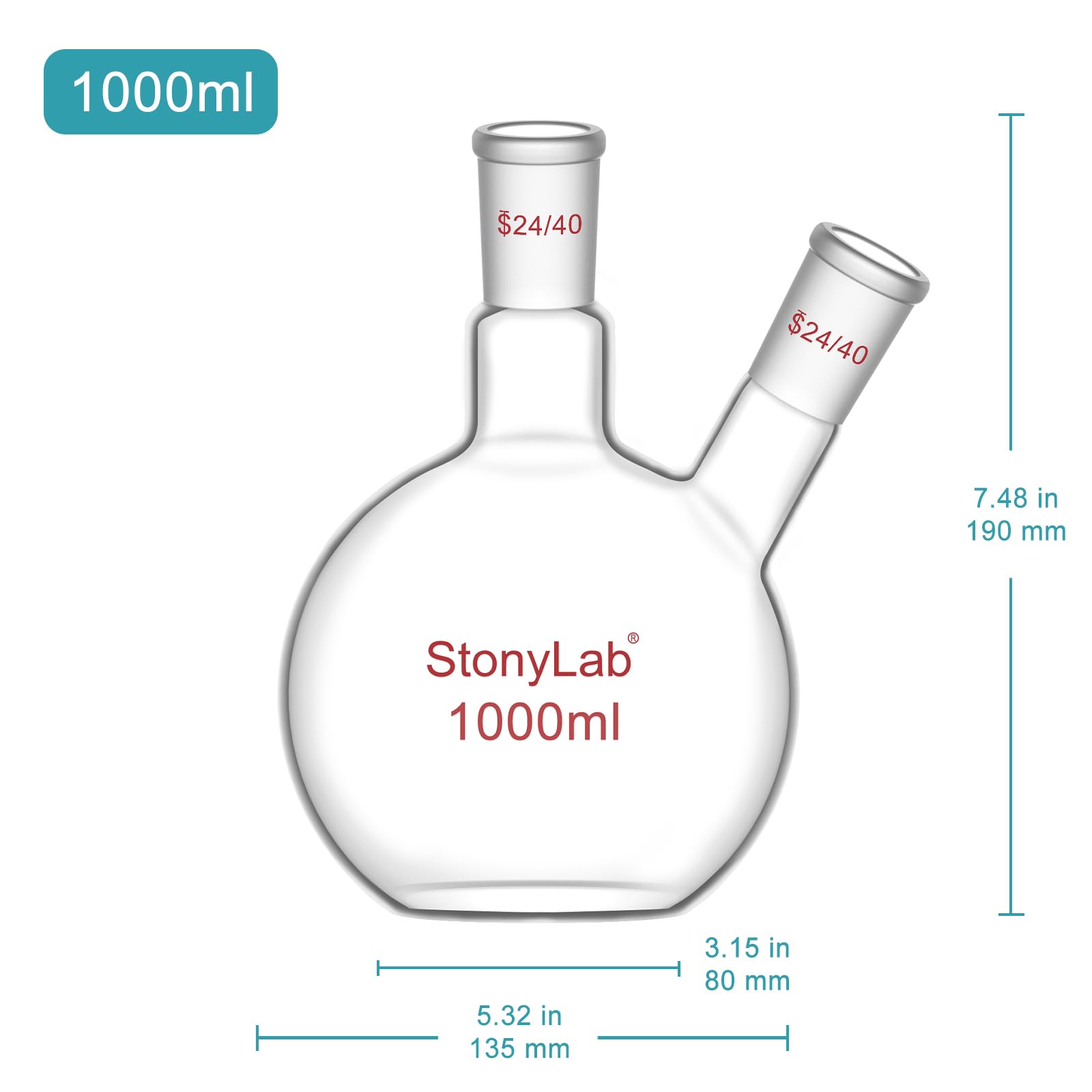 Stoneylab Matraz de Fondo Plano FBF 1000 ml, Vidrio de Borosilicato con Junta 24/40