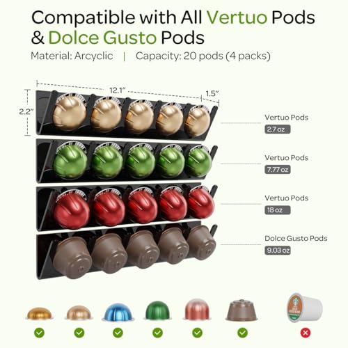 Image of LifeMoreasy Magnetic Coffee Pods Holder for Nespresso Vertuo & Dolce Gusto, Self-Adhesive Wall Mounted Capsule Organizer for Kitchen Cabinet Fridge(4 Packs for 20 Pods)