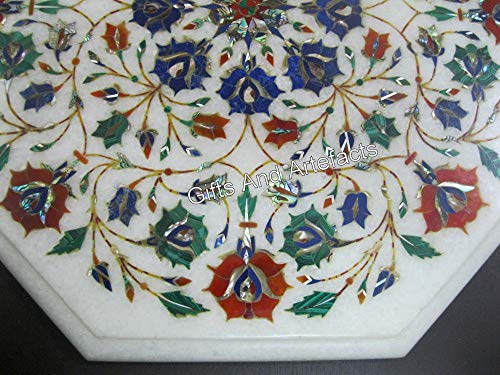 Table basse marbre blanc d'exception avec mosaïque de pierres précieuses
