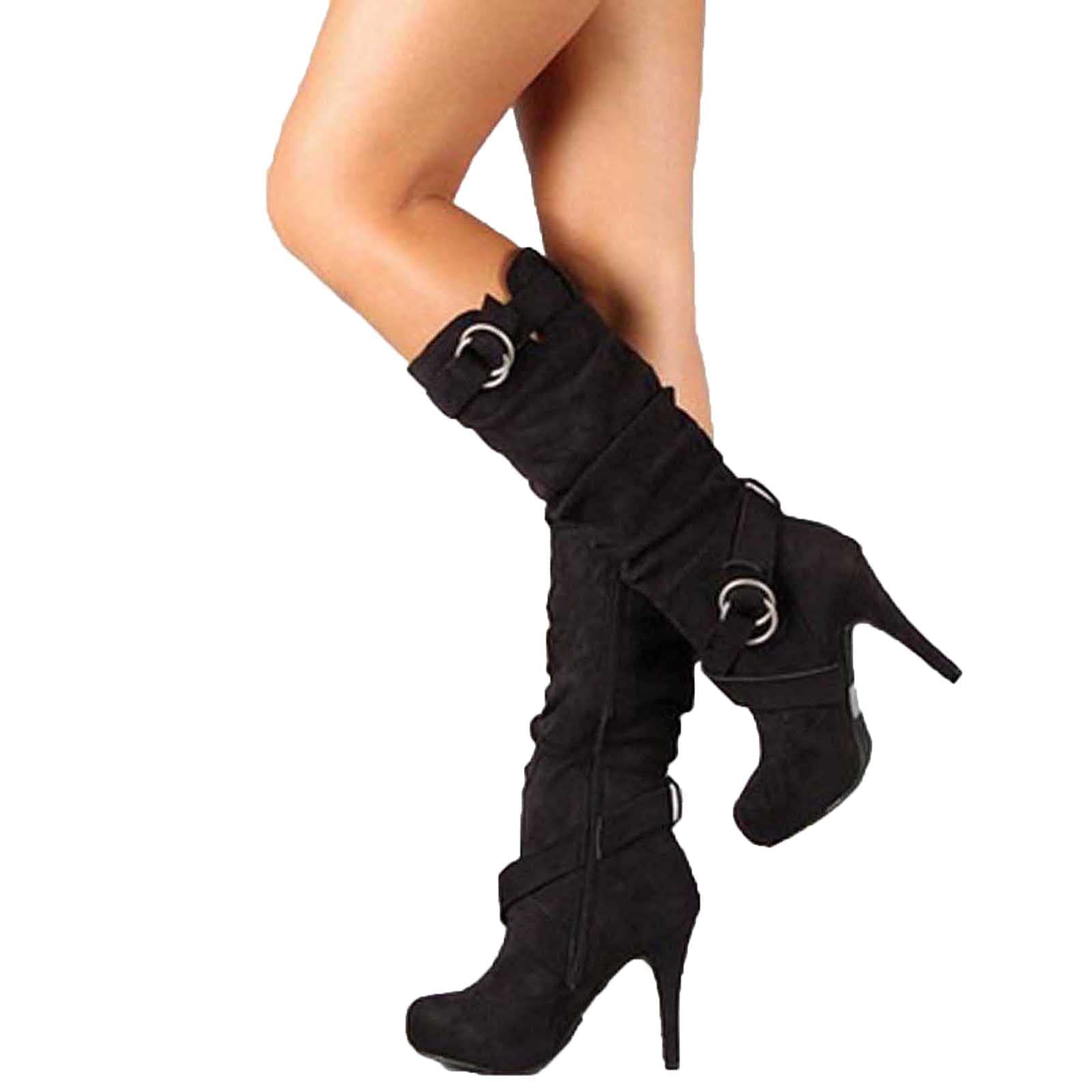 ZBYY Women's Knee High High Heel Boots Winter Fashion Boots Round Toe Mid-Calf Boots Suede Sexy Side Zipper Long Boots