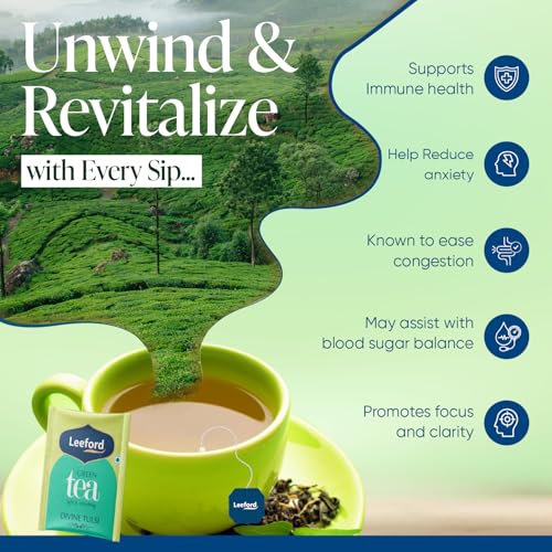 Image of Leeford Divine Tulsi Green Tea for Weight Loss - with Antioxidants and Nutrients | Pack of 2 (30 Bags Each) | Stress Relieving, Uplifts Mood, Rich in Antioxidants | Green Tea for Weight Loss