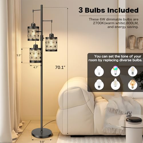 Floor Lamp, Floor Lamp for Bedroom Living Room, Standing Tall Lamps for Office, Dimmable Lamp with Bright 3X 800LM LED Edison Bulbs