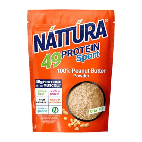 NATTURA Protein Sport 100% Peanut Butter Powder, Burro di Arachidi in Polvere Senza Glutine, 48 g di Proteine, Ricco di Vitamine e Magnesio, Alta Solubilità, -70% di Grassi Saturi, Vegan, 180 g