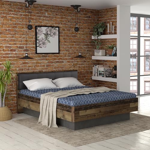 Forte Clif Bett 160 170, Rustikales Bettgestell, Liegefläche: 160 cm x 200 cm, Holzwerkstoff, Old Wood Vintage Holzdekor/Betonoptik Dunkelgrau, 167,5...