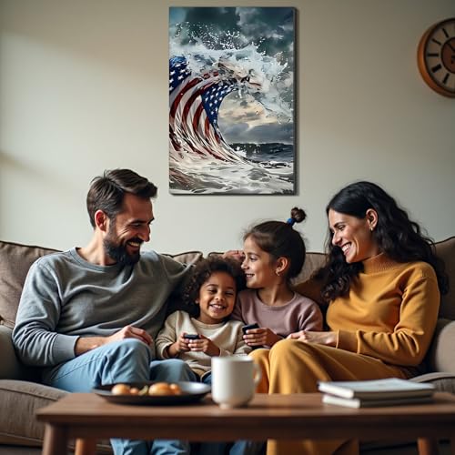 Image of Framed American Flag Ocean Wave Wall Art, Patriotic Abstract Canvas Art Pictures, USA Flag Wall Decor, Made in USA Ready to Hang for Living Room Bar