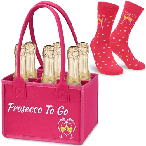 srclo Prosecco Damen Handtasche Filztasche für 6 Flaschen Flaschenkorb & Flaschenträger mit Lustigen Socken | Prosecco to Go Einkaufstasche Geschenkidee für Frau Freundin Mädelsabend