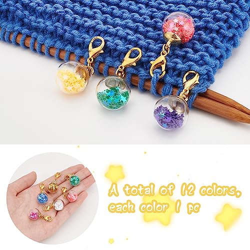 PLIGREAT 12 Pcs Colorful Stars Glass Ball Charm Stitch Markers, Crochet Stitch Marker with Lobster Claw Clasp - Image 3