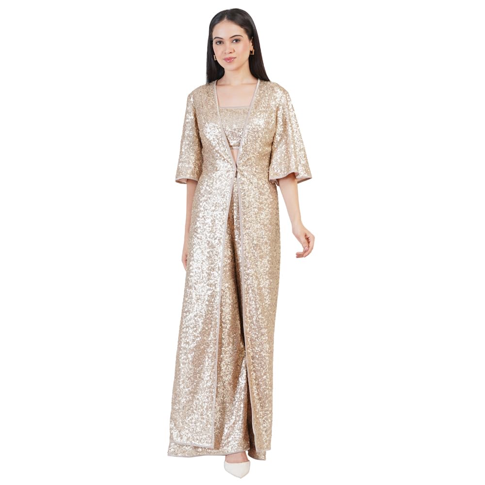 Women Valencia Fit & Flare Cape - Slim Fit Gold Sequin Embellished with Flowing Cape for Sophisticated Look | Ideal Outfit for Festive, Parties, Weddings, Parties & Special Occasions-image-32