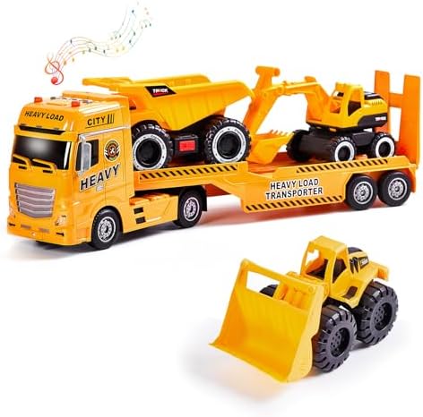 4-in-1 Construction Carrier Truck Toys for Kids, Semi Toy Car Kid...