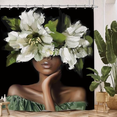 Kalmico African American Olive Green Shower Curtain 60Wx72L Inch Black Girl Woman Flower Oil Painting Art Bathroom Set Accessories Decor with 12 Pack Hooks