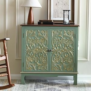 Vintage Green Sideboard Wood Accent Cabinet with Door Handcrafted Storage Cabinet with Accents Gold Antique Green Credenza for Kitchen Hallway Entryway Living Room Sage Green