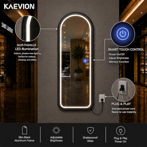 Image of 5x2 ft Black Arched LED Full-Length Mirror- 5mm HD Shatterproof Glass, 3-Color Dimmable Light Up Full Body Mirror, Vanity Floor Leaning Wall Mounted Mirror