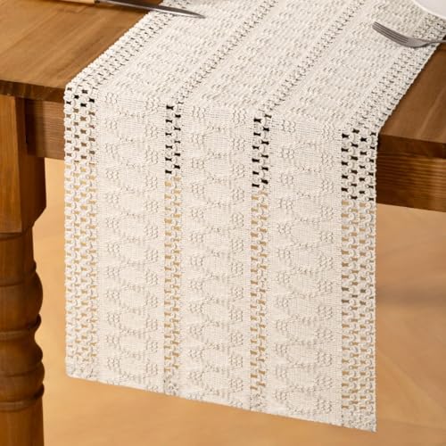Image of MLMC Ivory Boho Table Runner Farmhouse Macrame Woven Table Runner 90 inch Long Rustic Cotton Linen Blend Table Decor for Dinning Kitchen Wedding Bridal Shower Eveyrday Use 12x90 Inch