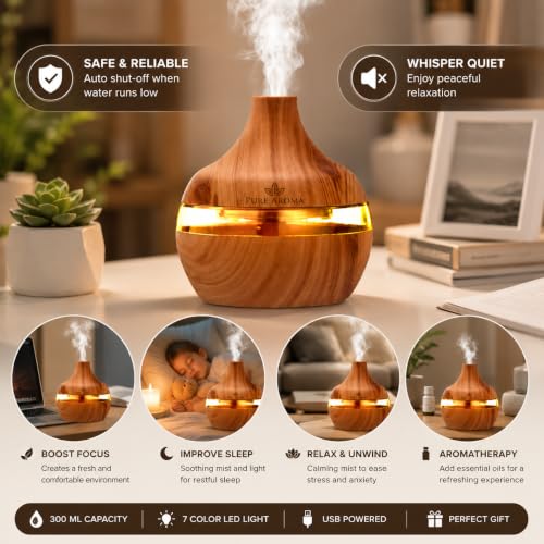 Image of PURE AROMA 300 ML Ultrasonic Atomization Humidifier & Essential Oil Aroma Diffuser | Cool Mist | Whisper Quiet | LED Night Light | Auto Shut-Off | USB Powered
