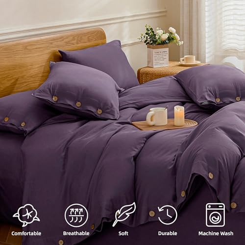 Image of JELLYMONI Cotton Duvet Cover Cal King Size - Purple Comforter Cover with Button 100% Washed Cotton 3PCS Breathable Soft Solid Bedding Set Duvet Cover 104x98in & 2 Pillowcases (NO Comforter)