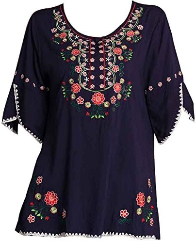 Ashir Aley Bell Sleeve Womens Girls Embroidered Cotton Peasant Tops Mexican Bohemian Shirts Blouses (L,Navy Blue)