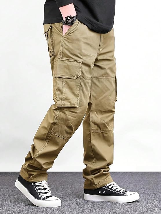 Image of Men Cargo Pants 100% Cotton | Relaxed Fit Utility Cargos for Men with 6 Pockets | Breathable Durable Fabric | Casual Streetwear Travel & Outdoor Pants