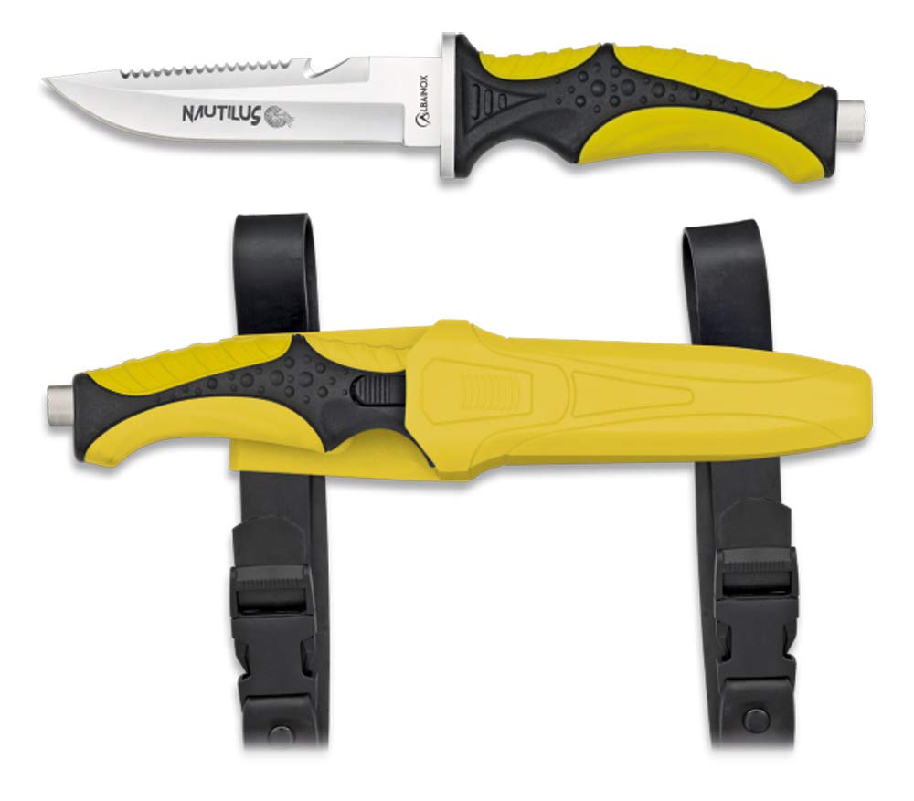 Tiendas LGP Albainox – 32350 – H. 11,5 cm. Cuchillo Submarinismo Amarillo nautilus -Herramienta para, Pesca, Caza, Camping, Outdoor, Supervivencia y Bushcraft