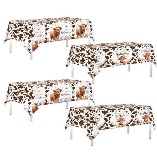 ZAIBOQU Highland Cow Birthday Party Supplies - 3Pcs Highland Cow Tablecloth Boho Floral Party Table Cover Western Farm Animals Table Decoration for Boy Birthday Baby Shower Supplies