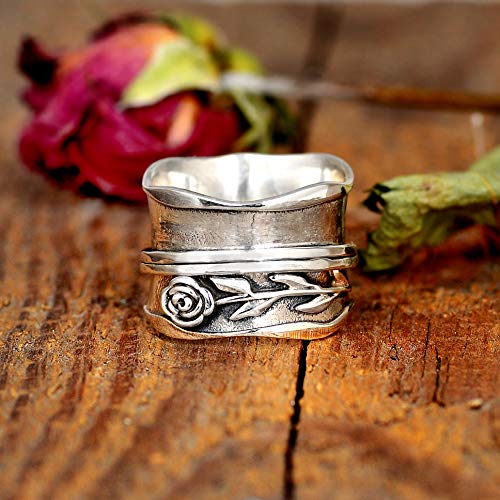 Boho-Magic 925 Sterling Silver Spinner Ring For Women Rose Flower Fidget Anxiety Relief Wide Band (8) #TOP2