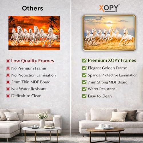 Image of XOPY Seven Running Horses with Golden Frame | Vastu 7 horses Raw Pyrite Painting for Home, Office & Living Room Wall Decore | 12X18 Inch Sparkle Laminated Frame | Best For Gifting (53313, 12X18)