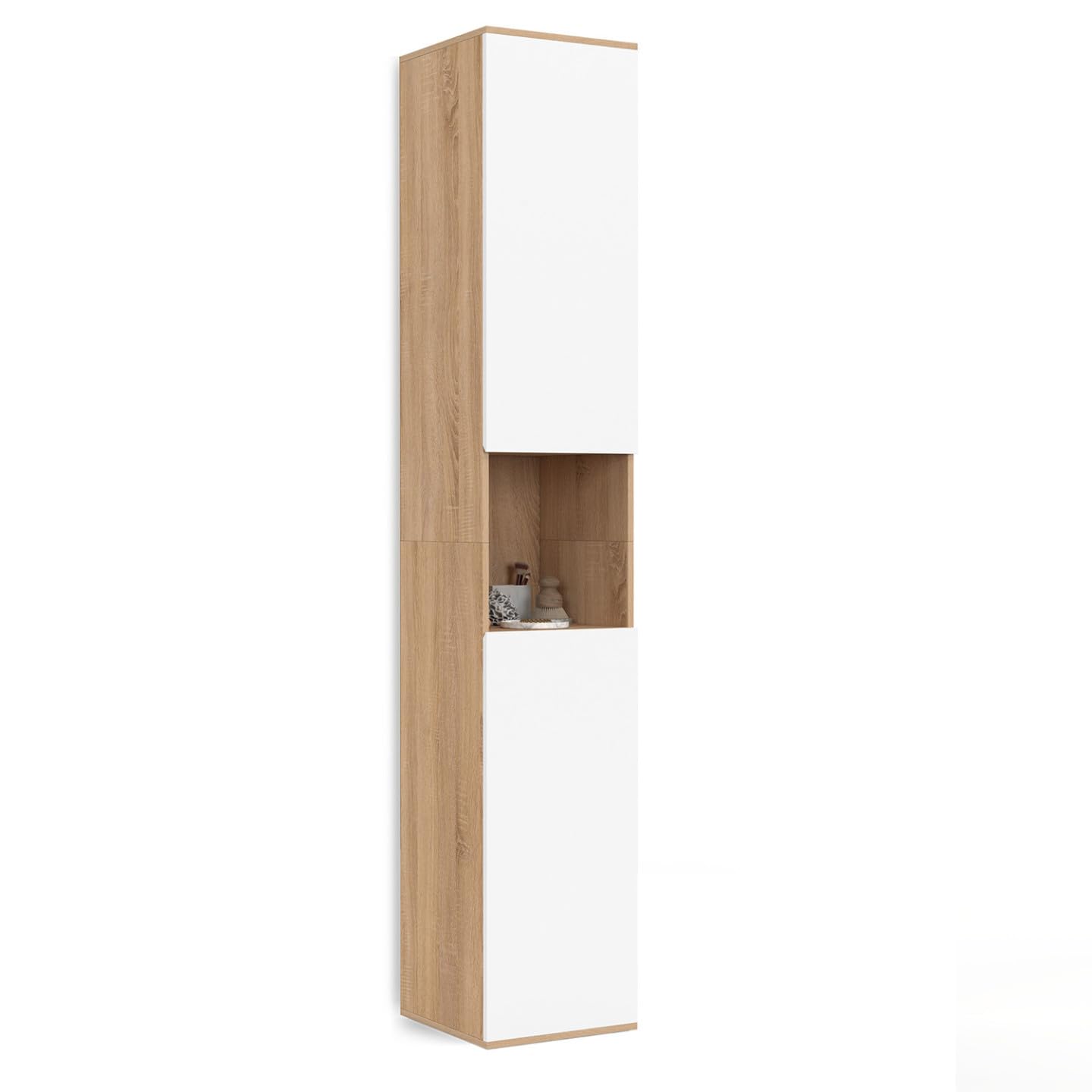 IDMarket - Meuble Colonne Salle de Bain Suspendu TOMI 2 Portes 1 Niche façon hêtre et Blanc