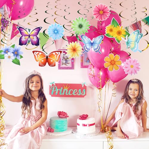 Image of 36 Pcs Spring Summer Butterfly Flower Party Decoration Hanging Ceiling Swirl Streamer Large Paper Flora Butterfly Decor for Classroom Office Mothers Day Home Garden Girl Birthday Baby Shower Tea Party