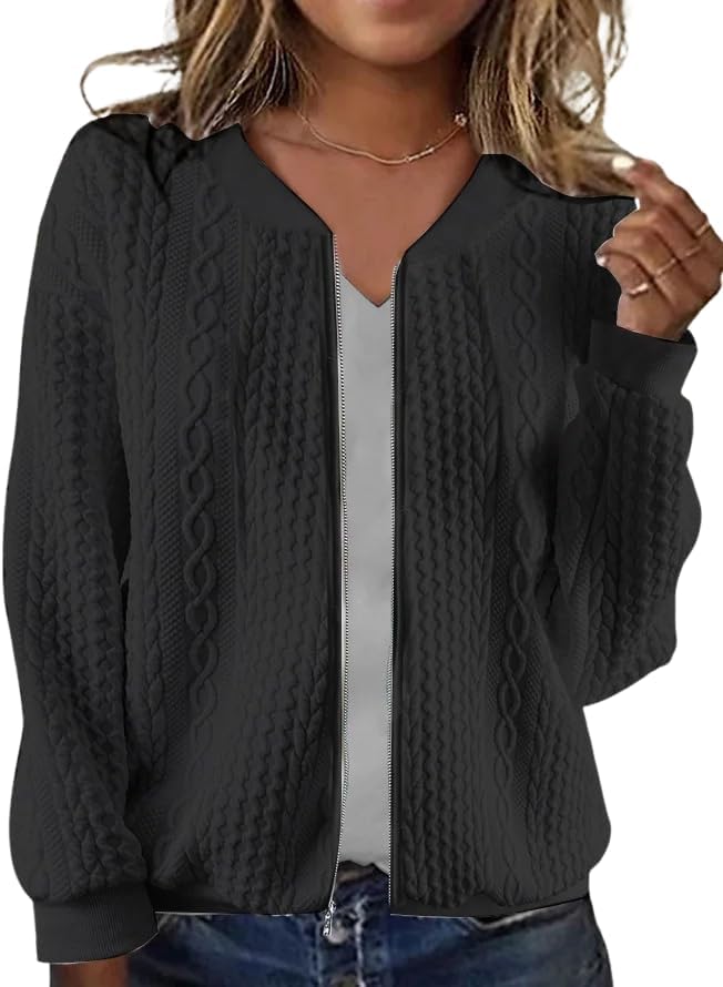 Cardigan Sweaters for Women Long Sleeve Zip Up Jackets Solid Crewneck Winter Daily Wear Outwear Coat