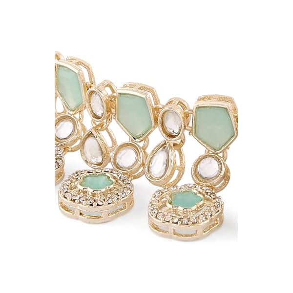 ZAVERI PEARLS Mint Green Kundan Austrian Diamonds & Artificial Stones Embellished Necklace Earring & Ring Set For Women-ZPFK17098 - Image 7