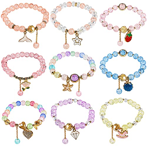 Jiosdo 9 Stück Mädchen Armband Set, Crackle Glasperlen Kinder Armbänder Kristall Bunte Perlen Kinderarmband Charm Armband Kinderschmuck Mädchen Freundschaftsarmband kinder für Geburtstagsfeier Cover