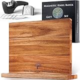 4-PC Magnetic Knife Block Set – Acacia Wood Magnetic Knife Holder Stand with Sharpener, Knife Tips &