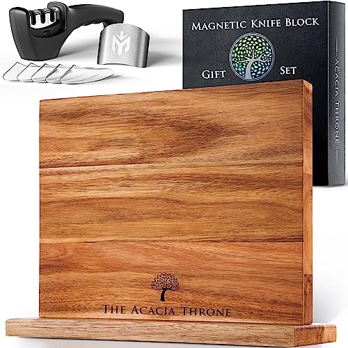 4-Pc Magnetic Knife Block Set – Acacia Wood Magnetic Knife Holder Stand With Sharpener, Knife Tips & Finger Guard In Gift Box – Double Sided Magnetic Knife Stand – Pre-Assembled By Moderknite [2023] #TOP25