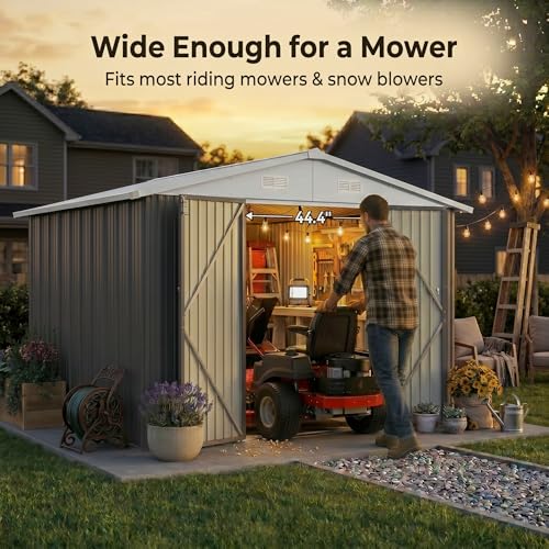Image of Devoko 10x10 FT Outdoor Storage Shed with Floor Frame, Metal Tool Shed with Slooping Roof, Heavy Duty Large Shed for Garden Backyard Patio(Gray)