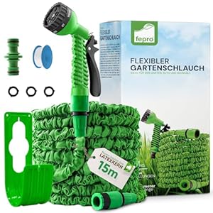 Fepro® Flexibler Gartenschlauch mit 7 Funktion 15m basic, Wasserschlauch flexibel mit 3-Fach Latexkern inkl. Adapter für 1/2' 3/4' Zoll und Wandhalterung, dehnbarer flexiSchlauch