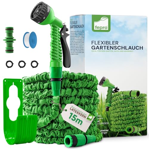 Fepro® Flexibler Gartenschlauch mit 7 Funktion 15m basic, Wasserschlauch flexibel mit 3-Fach Latexkern inkl. Adapter für 1/2\' 3/4\' Zoll und Wandhalterung, dehnbarer flexiSchlauch Fepro® Flexibler Gartenschlauch mit 7 Funktion 15m basic, Wasserschlauch flexibel mit 3-Fach Latexkern inkl. Adapter für 1/2\' 3/4\' Zoll und Wandhalterung, dehnbarer flexiSchlauch
